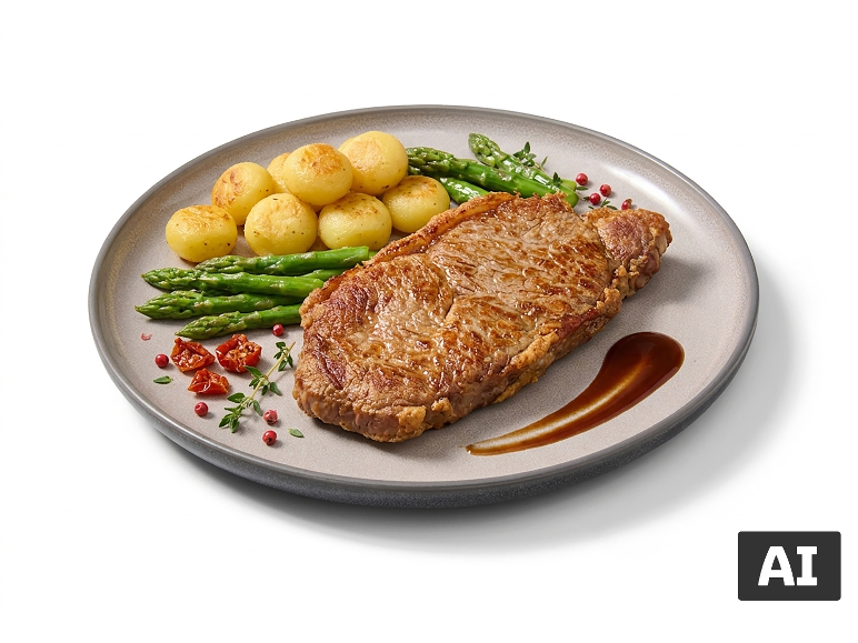 Bife com batatas e espargos num prato. [imagem gerada por IA]