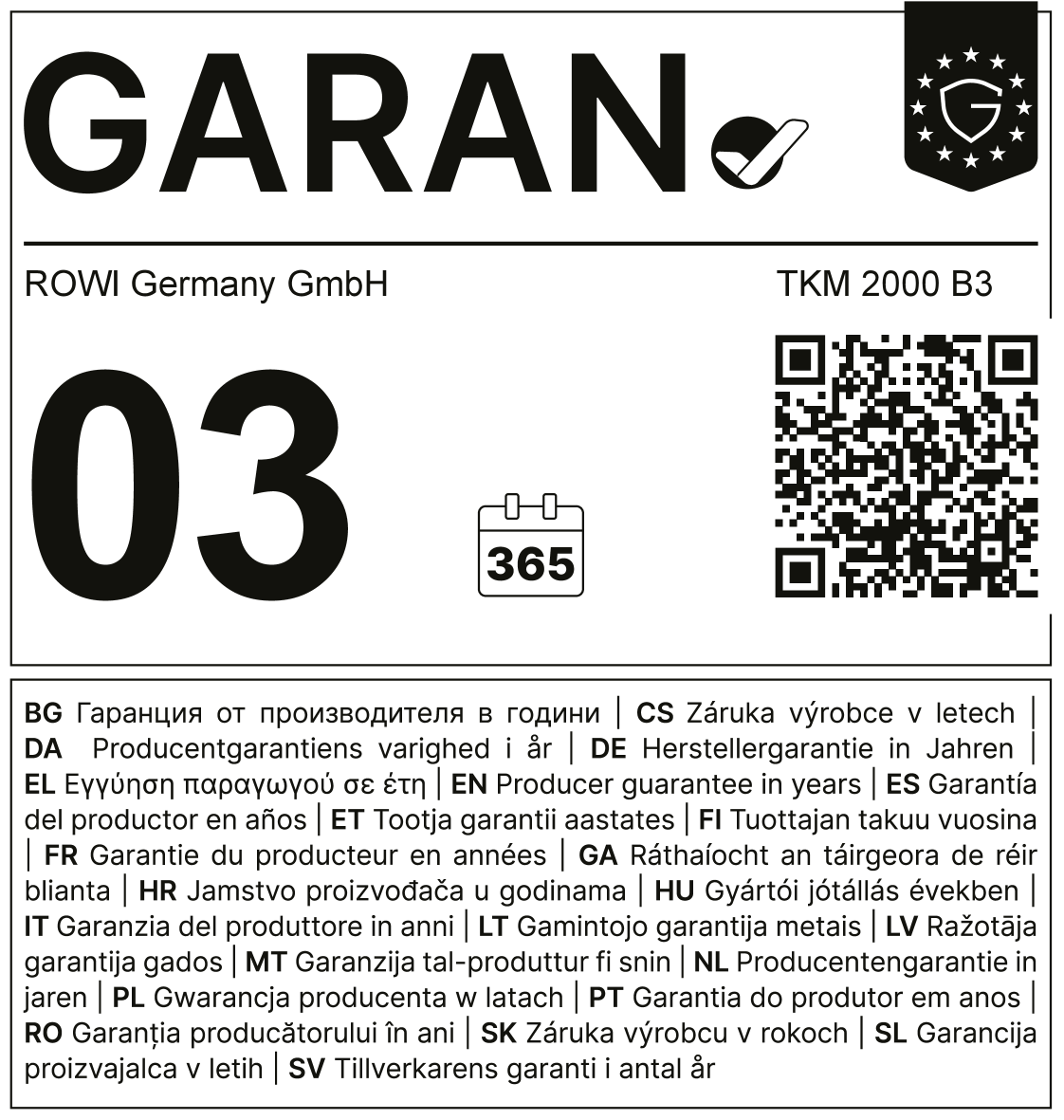 Selo de garantia de 3 anos, 365 dias, com código QR.