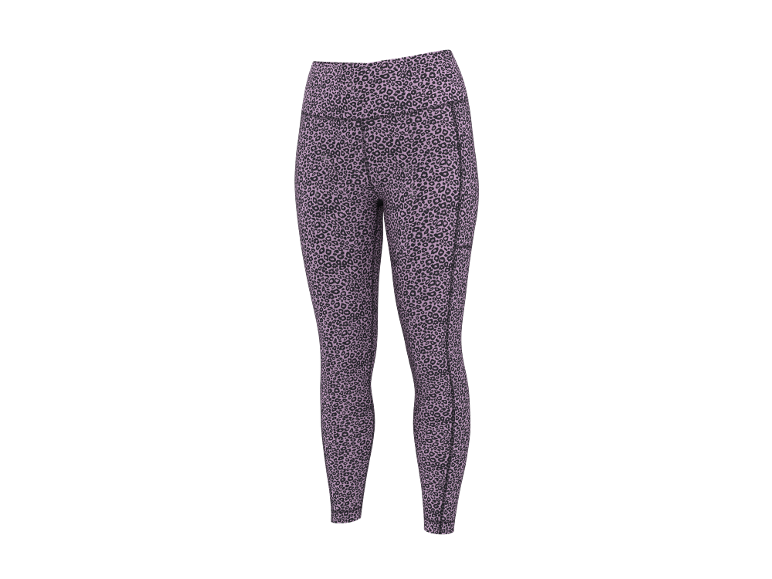 Leggings femininas com estampa de leopardo roxa e preta.