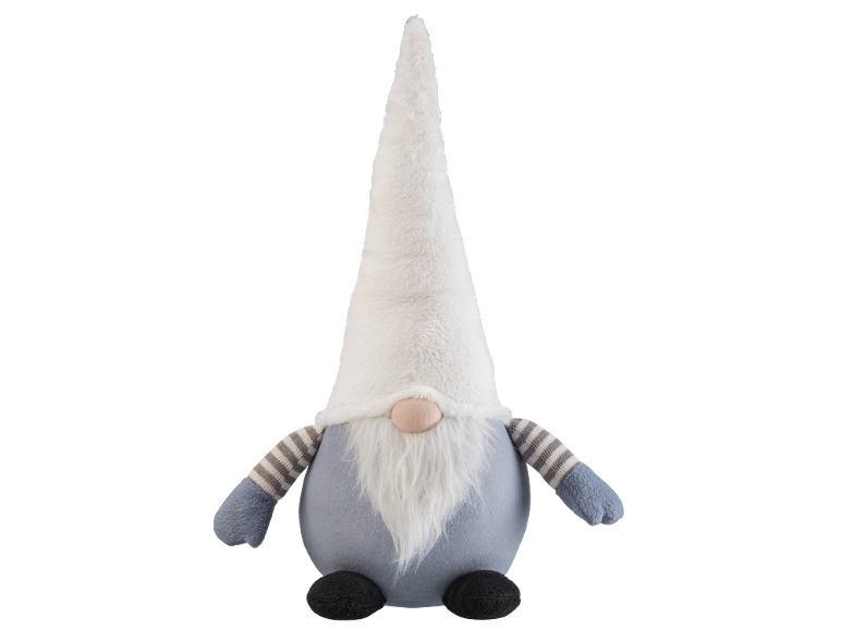 Gnomo de pelúcia com chapéu branco, barba branca, nariz rosa e corpo azul.