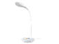 Candeeiro de secretária LED branco com braço flexível e base com círculo de cor.