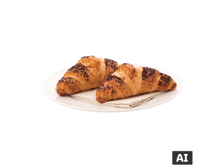 Dois croissants dourados com pedaços de chocolate num prato branco. [imagem gerada por IA]