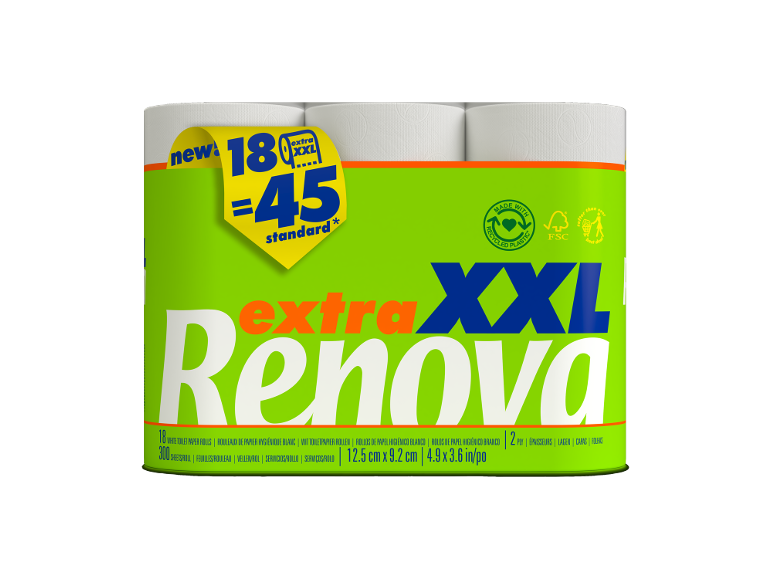 Pacote de 18 rolos de papel higiénico, equivalentes a 45 standard, com plástico reciclado.