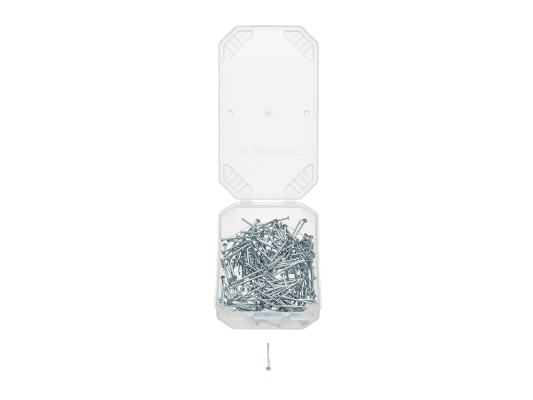 Caixa de plástico transparente aberta cheia de pregos de metal, com um prego sozinho abaixo.