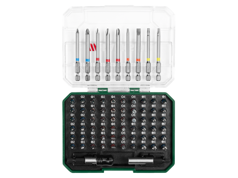 Um conjunto de pontas de chave de fenda e brocas numa caixa transparente e verde.