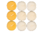 Nove velas tealight, três amarelas e seis creme, dispostas em grade.