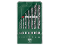 Conjunto de brocas para madeira de 3 a 10 mm em estojo verde transparente.