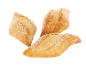 Três pães frescos e dourados com crosta enfarinhada.