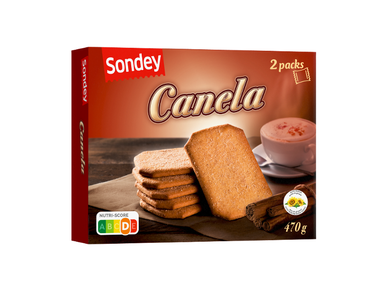 Biscoitos de canela com Nutri-Score, 2 pacotes e 470g.