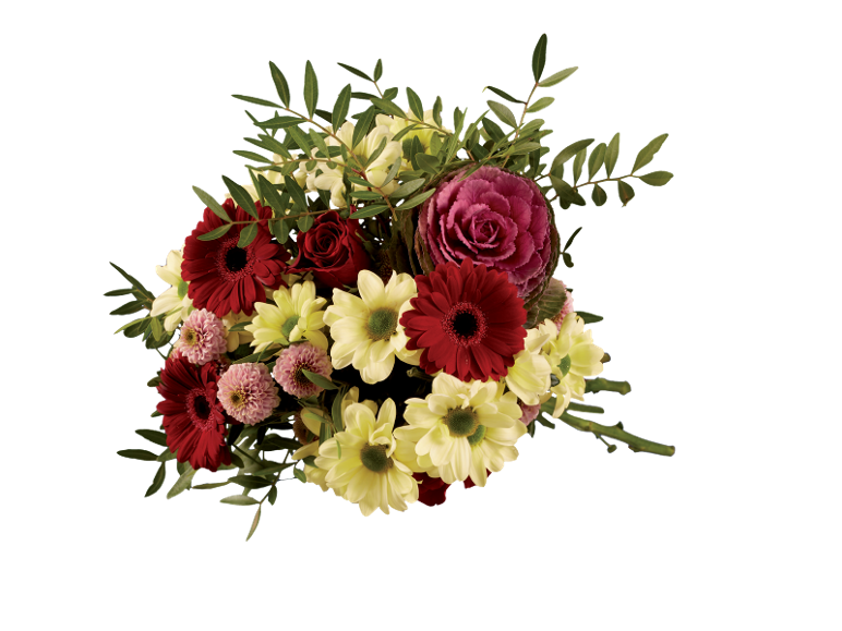 Um ramo de flores colorido com gérberas vermelhas, crisântemos amarelos e rosas.