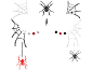 Decoração de Halloween com aranhas e teias de aranha brilhantes em preto, branco e vermelho.