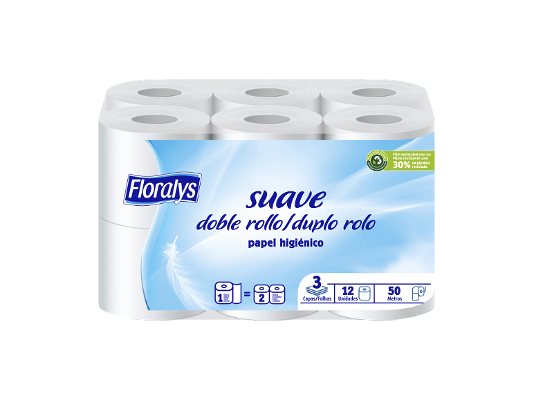 Papel higiénico suave FLORALYS, rolo duplo, 12 rolos com 3 camadas e 50 metros.