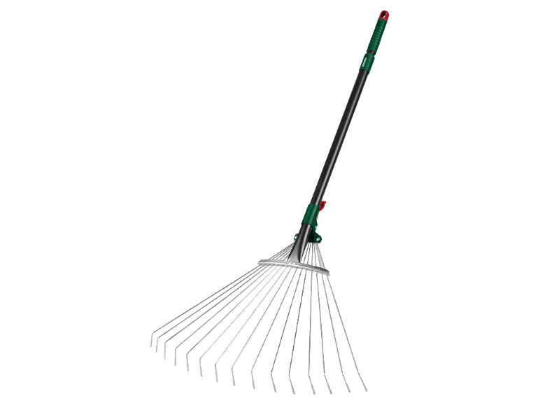 Ancinho de folhas metálico ajustável com cabo preto e punho verde