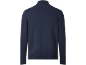 Camisola masculina azul escura com gola alta e fecho, vista traseira