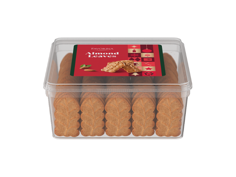 Embalagem transparente de biscoitos em forma de folha de amêndoa com rótulo vermelho de Natal.