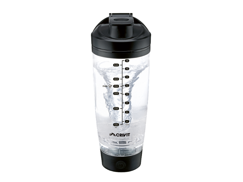 Shaker transparente com tampa e base pretas, com água a girar no interior.
