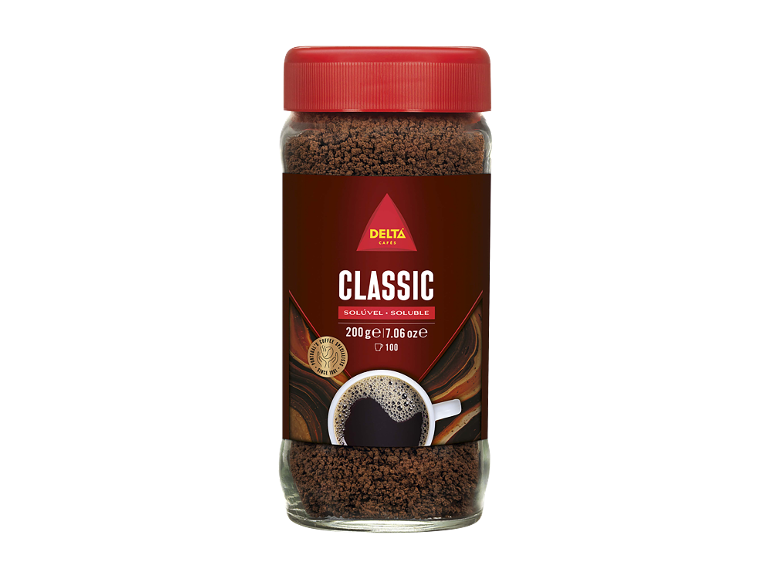 Frasco de vidro de café instantâneo, com tampa vermelha e rótulo.