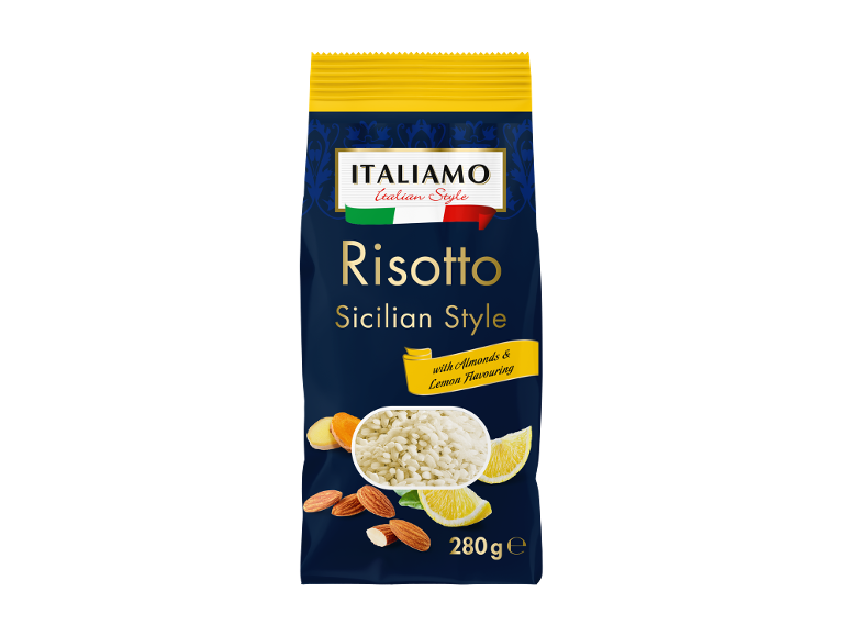 Embalagem de risotto estilo siciliano com amêndoas e sabor a limão, 280g.