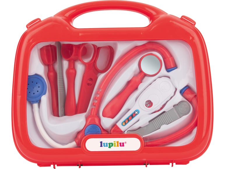 Estojo de médico de brinquedo vermelho com estetoscópio, termómetro e outros instrumentos médicos.