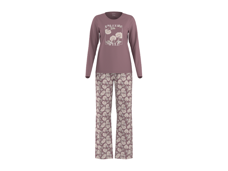 Pijama feminino com camisola de manga comprida malva com texto 'SLEEP WELL' e calças estampadas.