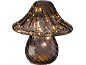 Candeeiro de mesa em forma de cogumelo de vidro com luzes LED integradas.