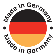 Selo redondo com a bandeira alemã e o texto 'Made in Germany'.