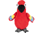 Papagaio de pelúcia vermelho com bico preto e asas coloridas.