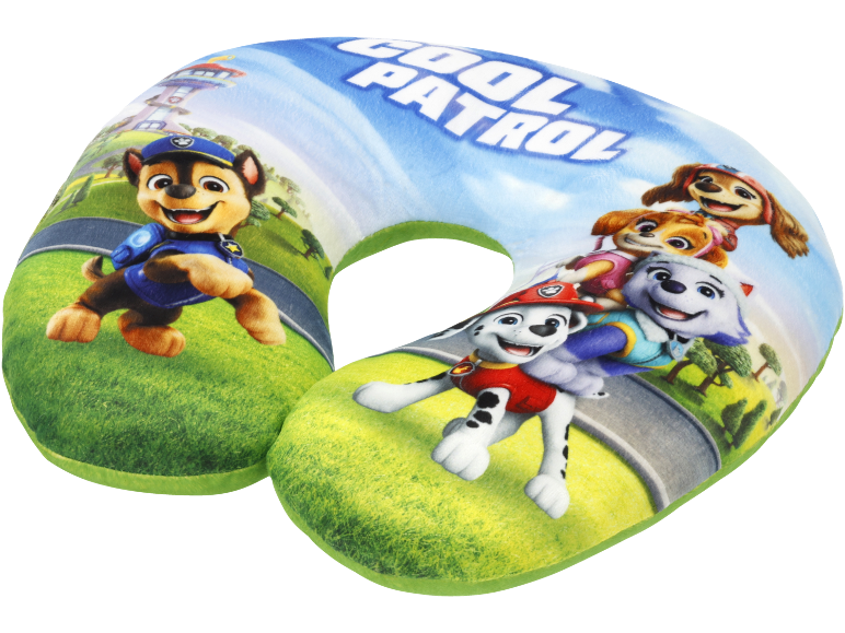 Almofada de viagem em forma de U com cachorros de desenho animado e o texto 'COOL PATROL'.