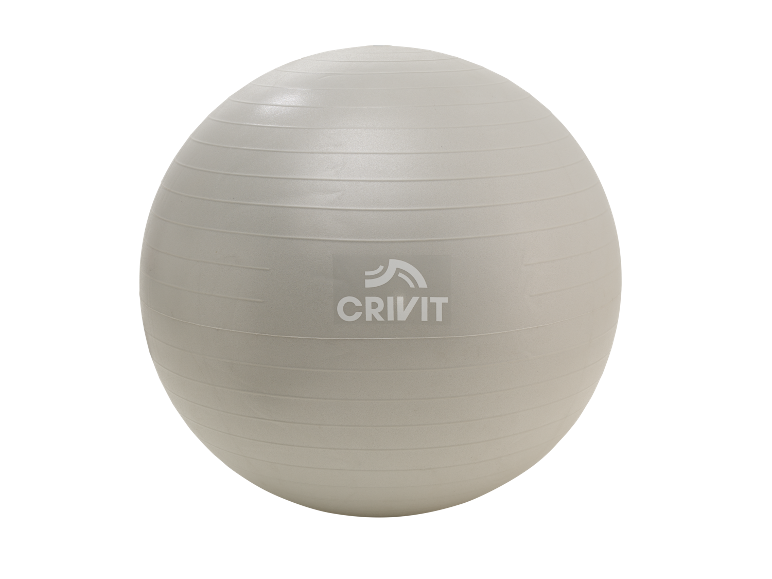 Bola de exercício cinzenta com sulcos horizontais e logótipo