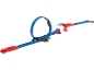 Pista de carros de brinquedo azul e vermelha com um loop e um carro a saltar.