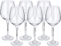Seis copos de vinho transparentes com hastes longas e taças largas sobre fundo preto.