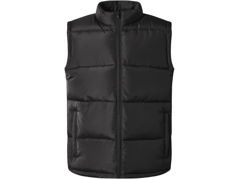 Colete acolchoado preto masculino com fecho de correr frontal.