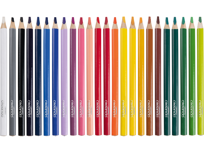 Um conjunto de 24 lápis de cor, dispostos num gradiente de cores do arco-íris.