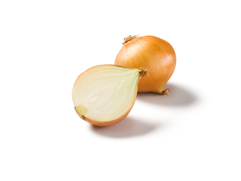 Cebola inteira e meia cebola cortada sobre fundo branco.
