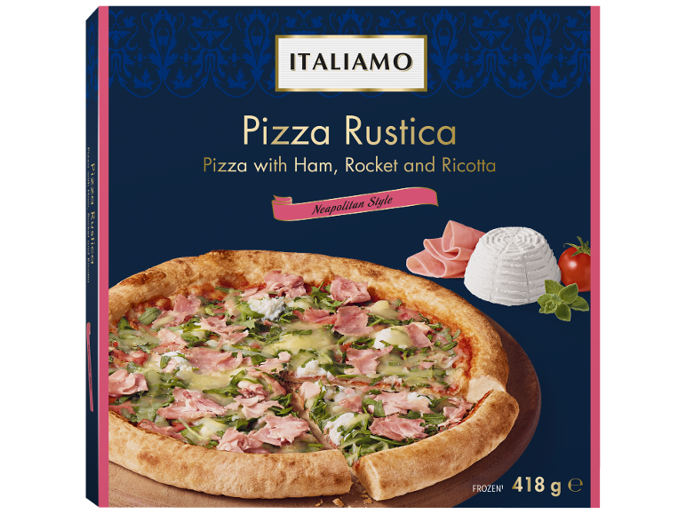 Pizza Rustica com fiambre, rúcula e ricota, estilo napolitano, 418g.