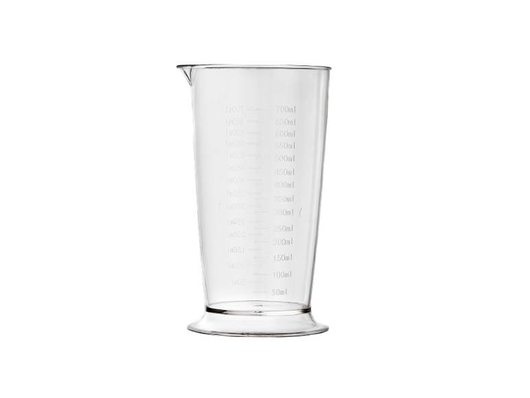 Copo medidor transparente com marcações de volume de 50 ml a 700 ml.