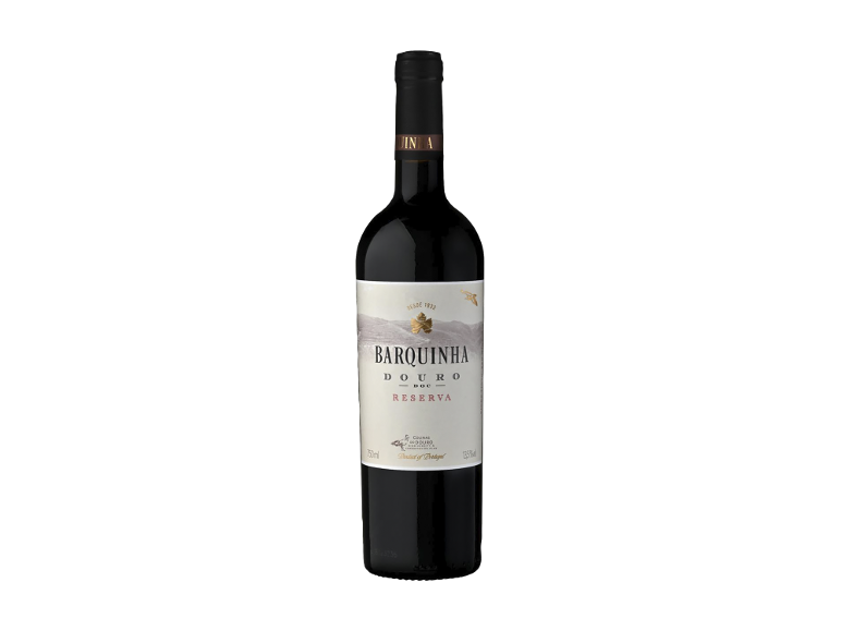 Uma garrafa de vinho tinto com um rótulo branco que apresenta uma paisagem e o texto 'DOURO DOC RESERVA'.