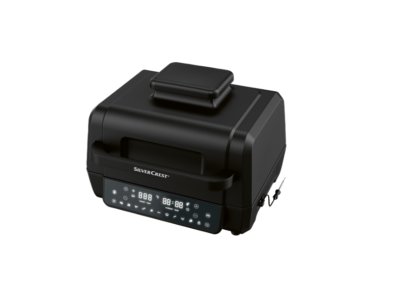 Grelhador elétrico multifuncional preto com ecrã digital e controlo de temperatura.