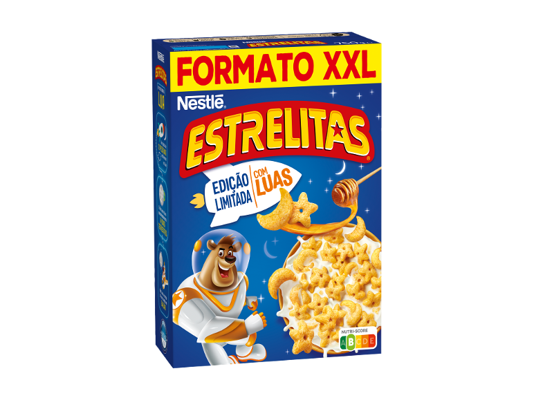 Caixa de cereais em forma de estrelas e luas, com um urso astronauta e mel.