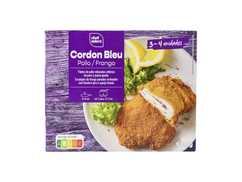 Embalagem de Cordon Bleu de frango, 3-4 unidades, 500g, com Nutri-Score A.