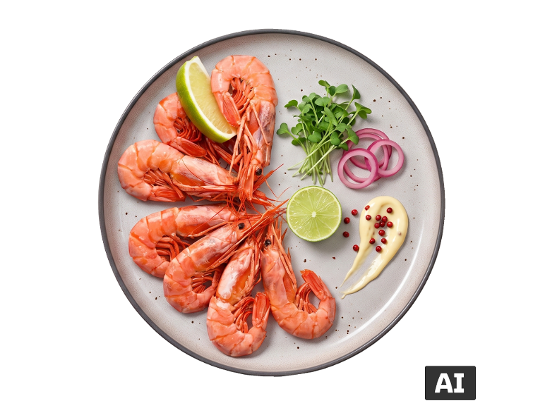 Camarões com lima, cebola roxa, rebentos e molho num prato.