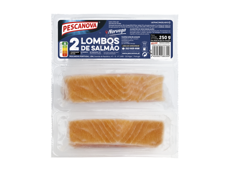 Lombos de salmão ultracongelados da Noruega, 250g, com informação nutricional e instruções de cozedura.