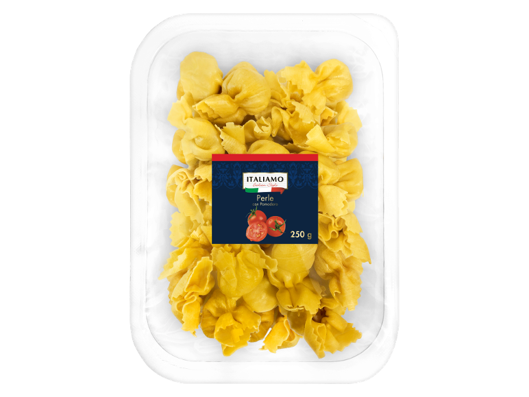 Embalagem de massa fresca perle com tomate, 250 g.