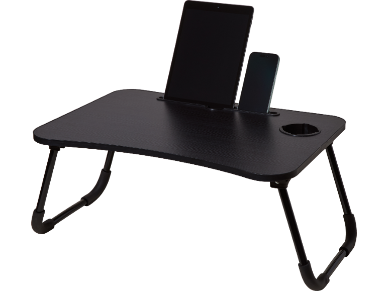 Mesa portátil preta para portátil com tablet e telemóvel em suportes e um porta-copos integrado.