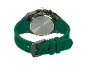 Parte de trás de um relógio com bracelete de silicone verde e fivela de metal.