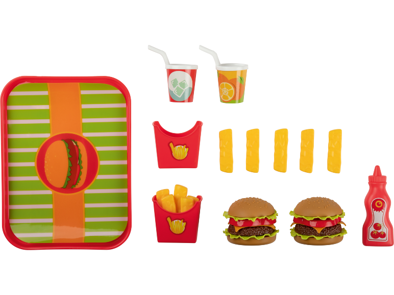 Conjunto de comida de brinquedo com bandeja, hambúrgueres, batatas fritas, bebidas e ketchup.