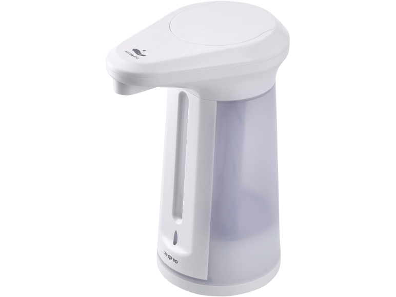 Dispensador de sabão automático branco com reservatório translúcido