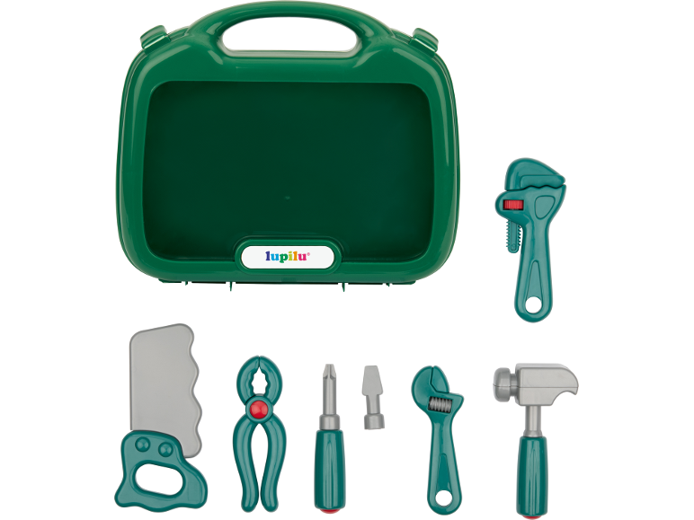 Mala de ferramentas de brinquedo verde com serra, alicate, chave de fendas, chave inglesa e martelo.