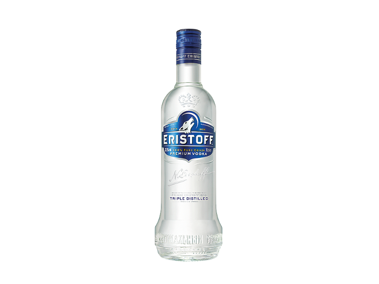 Uma garrafa de vodka premium, 37,5% vol, 100% grão puro, triplamente destilada.
