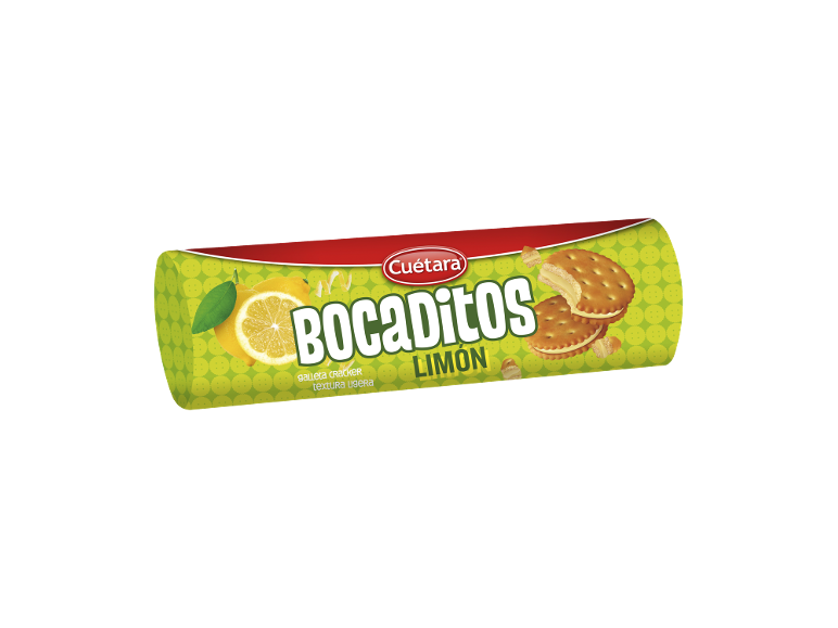 Embalagem de bolachas de limão com o texto 'BOCADITOS LIMÓN' e uma imagem de limão.